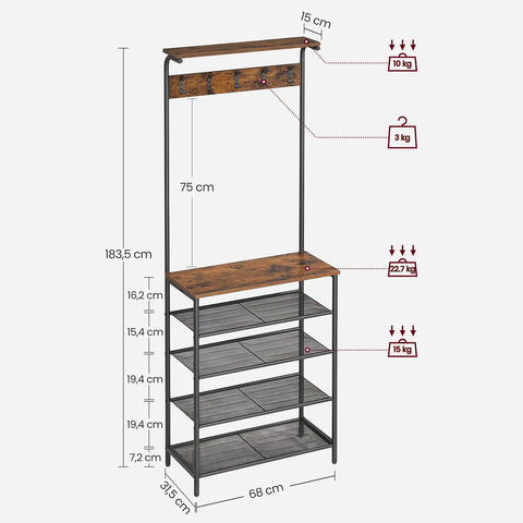 Rootz Coat Stand with 5 Shelves - Garment Rack - Clothes Organizer - Space-Saving Design - 31.5cm x 68cm x 183.5cm
