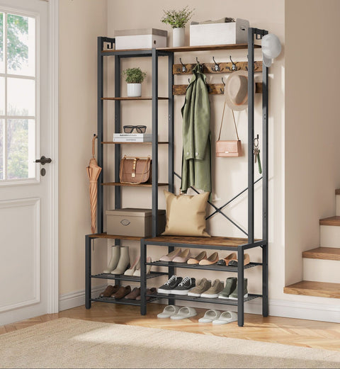 Rootz Coat Rack with Shoe Bench - Hallway Organizer - Entryway Storage - Maximizes Space - 40cm x 120cm x 190cm