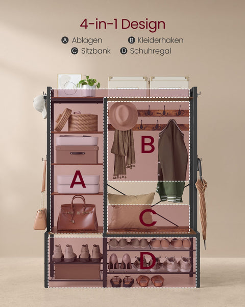 Rootz Coat Rack with Shoe Bench - Hallway Organizer - Entryway Storage - Maximizes Space - 40cm x 120cm x 190cm