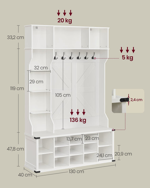 Rootz Clothing Rack - Wardrobe Stand - Garment Organizer -  White Finish - 40x130x200cm - Sturdy Wooden Chipboard & Steel Construction