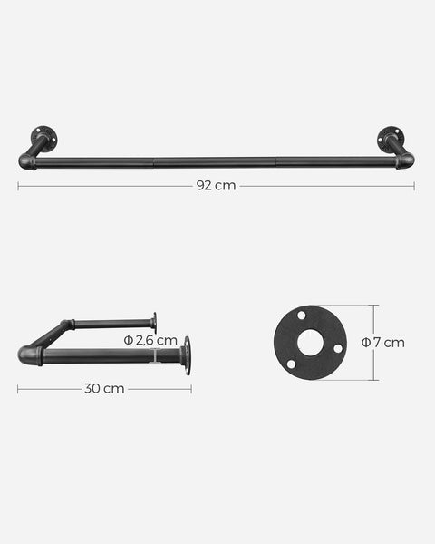 Rootz Wall Mounted Clothes Rail - Wardrobe Rod - Hanging Bar - Space Saver - Black Steel - 92cm x 30cm x 7.5cm