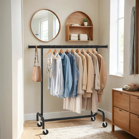 Rootz Clothing Rack on Rollers - Cloakroom Stand - Pull-Out Clothes Rail - Heavy Duty Steel - 45cm x (110-150cm) x 160cm