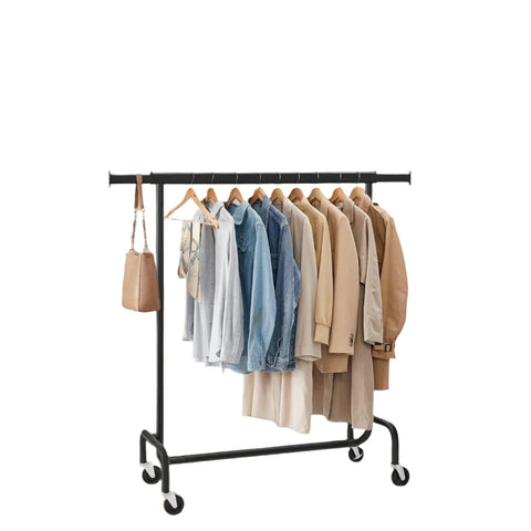Rootz Clothing Rack on Rollers - Cloakroom Stand - Pull-Out Clothes Rail - Heavy Duty Steel - 45cm x (110-150cm) x 160cm