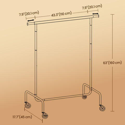 Rootz Clothing Rack on Rollers - Cloakroom Stand - Pull-Out Clothes Rail - Heavy Duty Steel - 45cm x (110-150cm) x 160cm