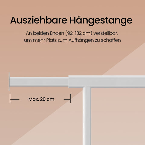 Rootz Heavy-Duty Clothing Rack - Wardrobe Stand - Rollable Clothes Rail - Max Load 100kg - Steel & PP - 45x(92-132)x161.5cm - White