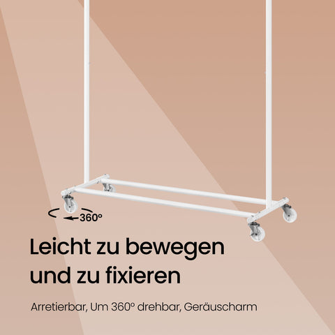 Rootz Heavy-Duty Clothing Rack - Wardrobe Stand - Rollable Clothes Rail - Max Load 100kg - Steel & PP - 45x(92-132)x161.5cm - White