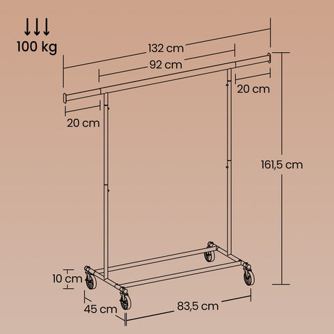Rootz Heavy-Duty Clothing Rack - Wardrobe Stand - Rollable Clothes Rail - Max Load 100kg - Steel & PP - 45x(92-132)x161.5cm - White