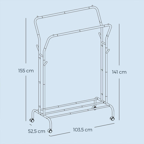 Rootz Rolling Clothing Rack - Clothes Rod - Garment Stand - High Capacity - 52.5cm x 103.5cm x 155cm