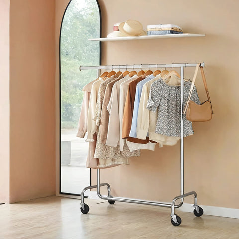 Rootz Clothing Rack on Rollers - Cloakroom Stand - Pull-Out Clothes Rail - Chrome-Plated Durability - 110-150 x 160 x 45 cm