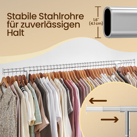 Rootz Clothing Rack on Rollers - Cloakroom Stand - Pull-Out Clothes Rail - Chrome-Plated Durability - 110-150 x 160 x 45 cm