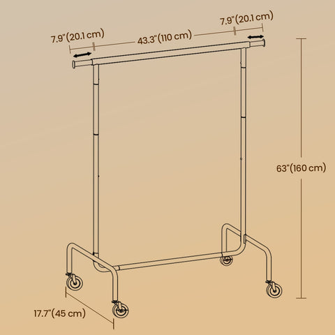Rootz Clothing Rack on Rollers - Cloakroom Stand - Pull-Out Clothes Rail - Chrome-Plated Durability - 110-150 x 160 x 45 cm