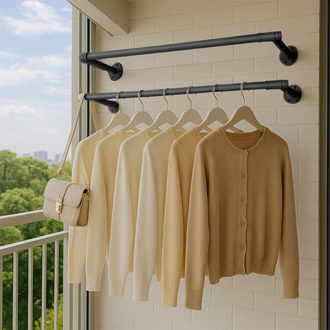 Rootz Black Steel Clothes Rail Set - Garment Rack - Hanging Organizer - Durable Design - 30cm x 84cm x 7cm