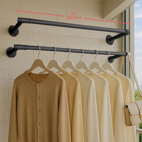 Rootz Black Steel Clothes Rail Set - Garment Rack - Hanging Organizer - Durable Design - 30cm x 84cm x 7cm