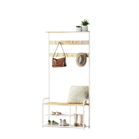 Rootz Cloakroom Stand - Clothes Rack - 9 Hooks - Space-Saving Design - 30cm x 85cm x 180.5cm - Oak Color White