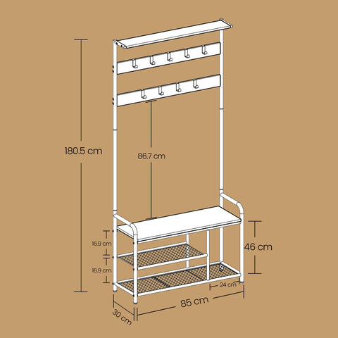 Rootz Cloakroom Stand - Clothes Rack - 9 Hooks - Space-Saving Design - 30cm x 85cm x 180.5cm - Oak Color White