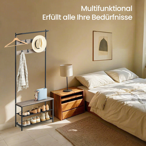 Rootz Cloakroom Stand with Shoe Bench - Clothes Rack - Coat Organizer - Easy Assembly - 32.2 x 64 x 180 cm - brown-black