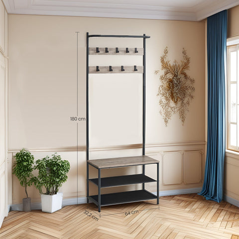 Rootz Cloakroom Stand with Shoe Bench - Clothes Rack - Coat Organizer - Easy Assembly - 32.2 x 64 x 180 cm - brown-black