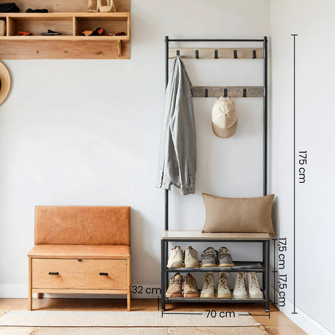 Rootz Cloakroom Stand - Clothes Rack - Wardrobe Stand - Space-Saving Steel & Wood - 70 x 32 x 175 cm