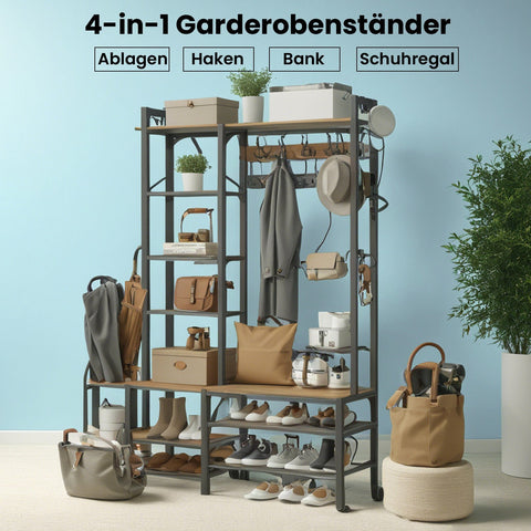 Rootz Cloakroom Stand with Shoe Bench - Wardrobe - 5 Shelf Levels - Space-Saving Design - 40cm x 120cm x 190cm