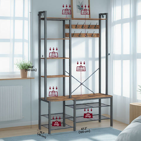 Rootz Cloakroom Stand with Shoe Bench - Wardrobe - 5 Shelf Levels - Space-Saving Design - 40cm x 120cm x 190cm