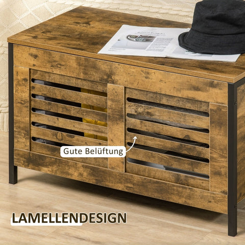 Rootz Industrial Design Wooden Chest Sideboard - Storage Cabinet - Hallway Bench - Rustic Wood Grain - Steel Frame - Slatted Doors - 80cm x 40cm x 49cm