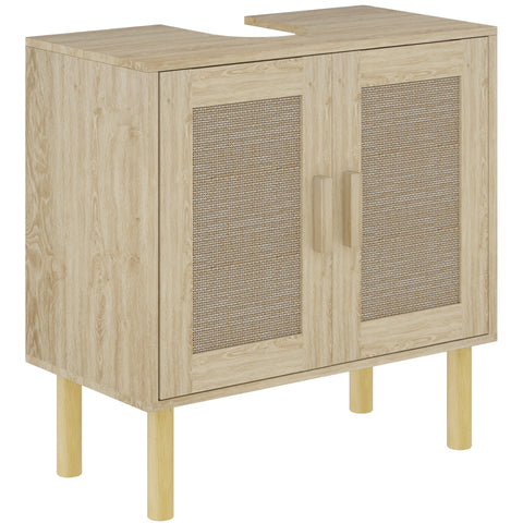Rootz Bathroom Cabinet with Sink Unit - Rattan Doors - Vanity Organizer - Pine Wood Feet - Stylish Storage - 60cm x 30cm x 60cm