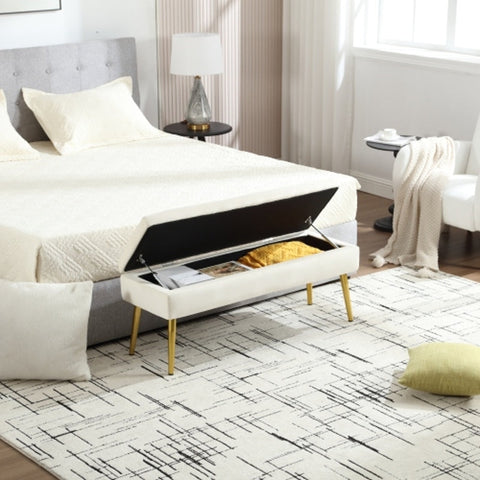 Rootz Beige Velvet Storage Bench - Ottoman - Seat with Storage - Comfort Padding - 111L x 35W x 44.5H cm