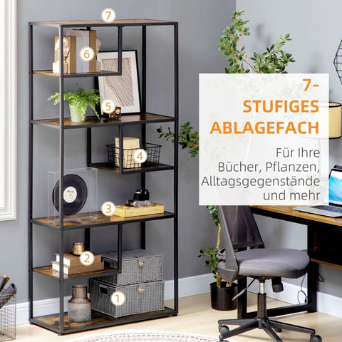 Rootz Bookcase Wall Shelf - Industrial Bookshelf - Display Shelving Unit - 7 Shelves - Sturdy Steel Frame - Anti-Tip Protection - 83cm x 34cm x 180cm - Brown + Black