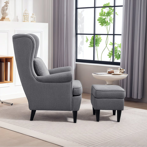 Rootz Wing Chair with Foot Stool - Upholstered Armchair - Comfortable High Backrest - 75cm x 83cm x 104cm - Elegant Grey Linen-Like Fabric