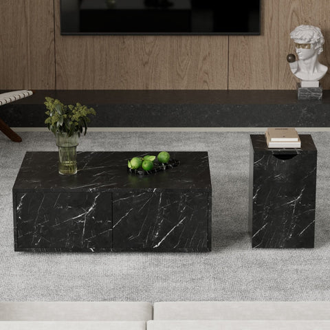 Rootz Marble Pattern Coffee Table Set - Modern Tables - Versatile Design - Added Storage - 100x33.5x70cm (Large), 32x32x50cm (Small)