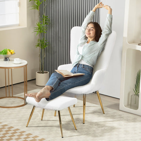 Rootz Wing Chair with Stool - Lounge Chair - Accent Chair - High Back Comfort - 73W x 68D x 111H cm, 52W x 38D x 40H cm, White Sherpa Cover, Gold Legs