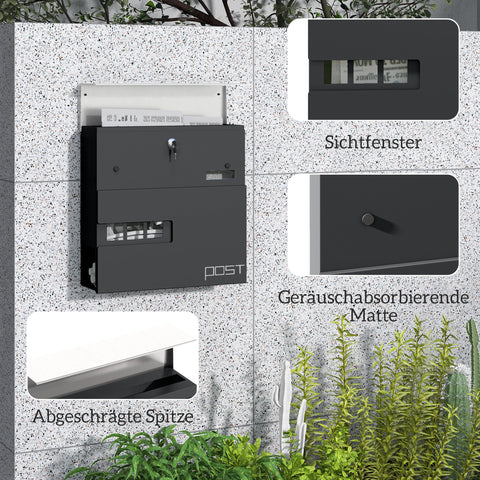 Rootz Grey Wall Mounted Mailbox - Outdoor Postbox - Lockable Mail Holder - Weather Resistant - 37cm x 10.5cm x 37cm
