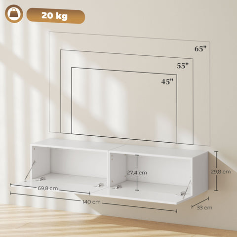 Rootz White Wall-Mounted TV Cabinet - Floating TV Chest - Storage Drawers - Space-Saving Design - 140cm x 33cm x 29.8cm