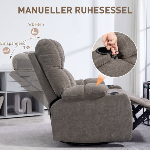 Rootz Recliner Chair - TV Armchair - Lounge Chair - Tilt up to 135° - Footrest - Swivel and Rocking - Linen Look Fabric - 88cm x 96cm x 108cm