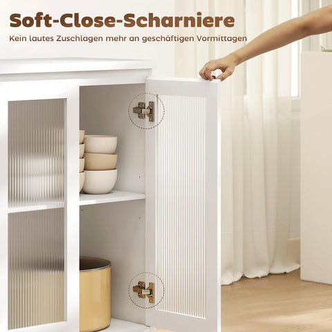 Rootz Buffet Cabinet Sideboard - Storage Cupboard - Display Unit - Silent Soft-Close, Organizes Dining Room - 120x40x91 cm, White, MDF, 4 Drawers, 2 Glass Doors