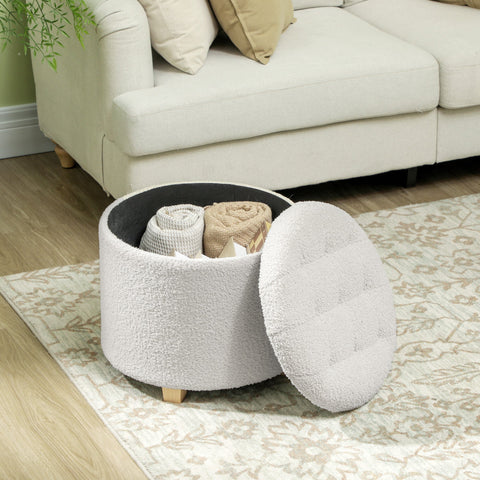 Rootz Sitting Stool with Storage Space - Ottoman - Storage Box - 40.5L Hidden Storage - Ø45 x 41H cm - White - Wooden Legs