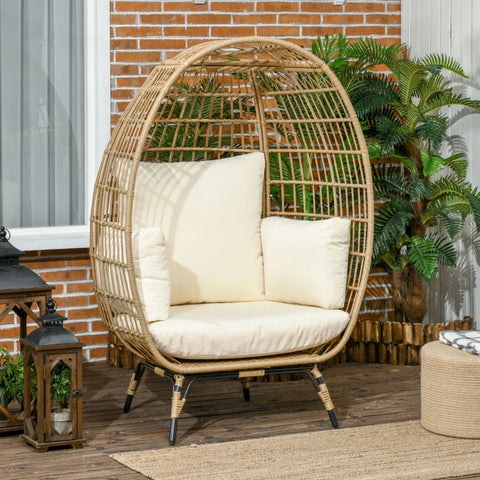 Rootz Rattan Look Wicker Chair - Soft Seat Cushions - Aluminum Frame - Khaki + Beige - 105 x 97 x 150 cm