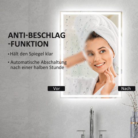 Rootz LED Bathroom Wall Mirror - Illuminated Vanity Mirror - Touch Sensor Makeup Mirror - Anti-Fog Function - 50cm x 70cm x 4cm