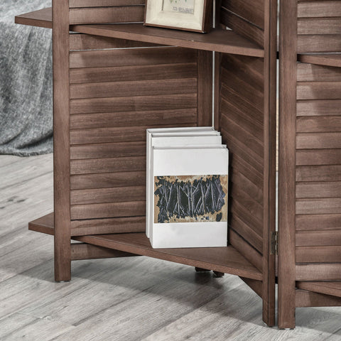 Rootz Wooden Screen 4 Panel Room Divider - Foldable Privacy Screen - Interior Partition - Rustic Walnut Design - 162cm x 170cm - 3 Shelves Included