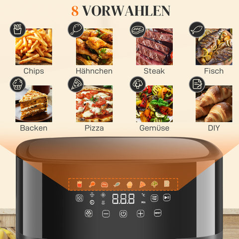 Rootz Hot Air Fryer - Convection Cooker - Oil-Less Fryer - 8 Time-Saving Programs - LED Screen, 8 Liters, Black - 32.5cm x 41cm x 32cm