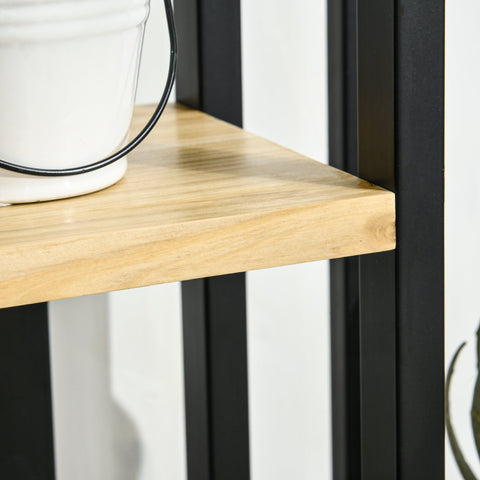 Rootz 4 Floor Plant Stand - Adjustable Flower Stand - Indoor Plant Stairs - Industrial Design - 110 cm High - Black+Natural Wood - 45L x 25B x 110H cm