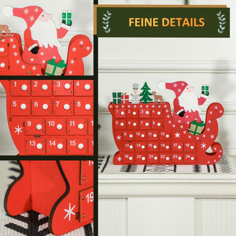 Rootz Santa Sleigh Advent Calendar - Christmas Countdown - Desk or Mantel Decor - 24 Compartments - Reusable - Red - 22.5cm x 8cm x 36cm