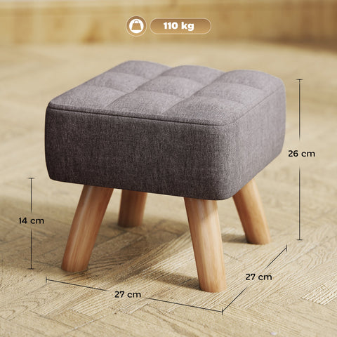 Rootz Grey Foot Stools - Upholstered Ottomans - Footrests - Supports Up to 110kg - 27cm x 27cm x 26cm - Wooden Legs