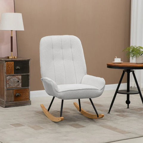 Rootz Rocking Chair - Modern Design Rocking Chair - Sherpa Fleece - Rubber Wood - Quilting - Natural + Gray - 63 cm x 95 cm x 97 cm