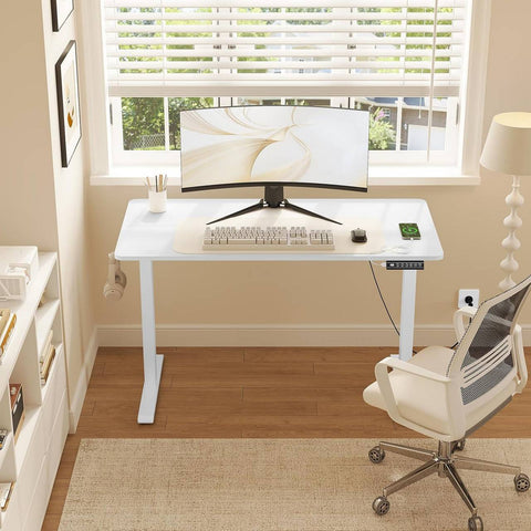 Rootz Height-Adjustable Desk - Computer Table - Sit-Stand Workstation - USB Charging - 120x60 cm - Prevents Back Pain - White