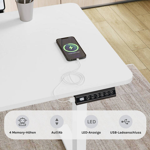 Rootz Height-Adjustable Desk - Computer Table - Sit-Stand Workstation - USB Charging - 120x60 cm - Prevents Back Pain - White