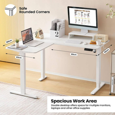 Rootz Height-Adjustable Corner Desk - Stand-Sit Table - Electric Standing Desk - L-Shaped Worktop - Quiet & Stable - 140/120cm x 60cm - E1 Wood Material