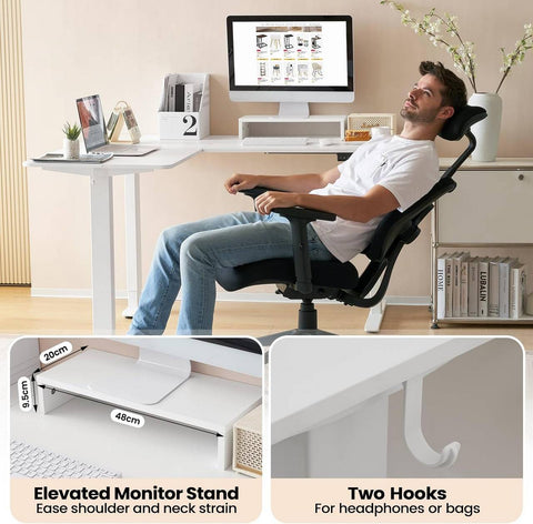 Rootz Height-Adjustable Corner Desk - Stand-Sit Table - Electric Standing Desk - L-Shaped Worktop - Quiet & Stable - 140/120cm x 60cm - E1 Wood Material