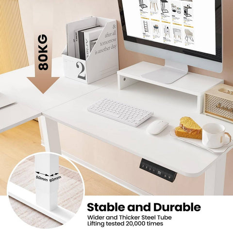 Rootz Height-Adjustable Corner Desk - Stand-Sit Table - Electric Standing Desk - L-Shaped Worktop - Quiet & Stable - 140/120cm x 60cm - E1 Wood Material