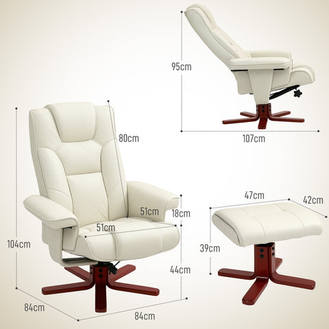 Rootz Relaxation Chair with Stool - Recliner Chair - Lounger - Tilting Backrest for Comfort - 84cm x 84cm x 104cm  White
